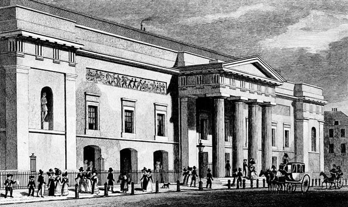 Exterior of the Theatre Royal, Drury Lane, published in 1828.